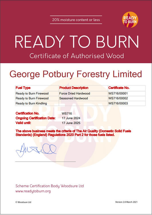 Ready-to-Burn Certificate for George Potbury Forestry Ltd